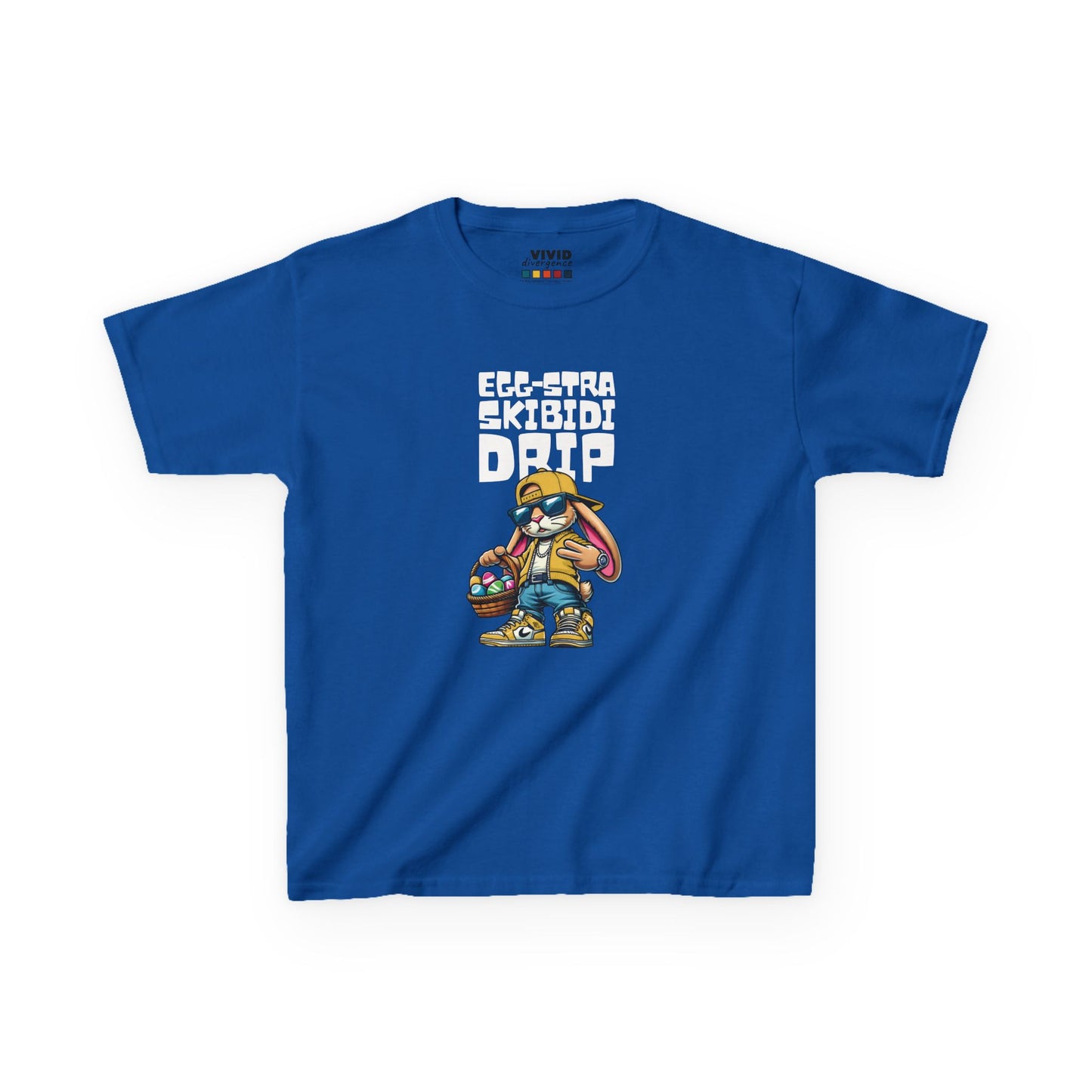 Blue kids' T-shirt showcasing a stylish Skibidi bunny with "Egg-Stra Skibidi Drip" text, perfect for a playful Easter look. Hop into the season in style and shop Easter shirts online today!