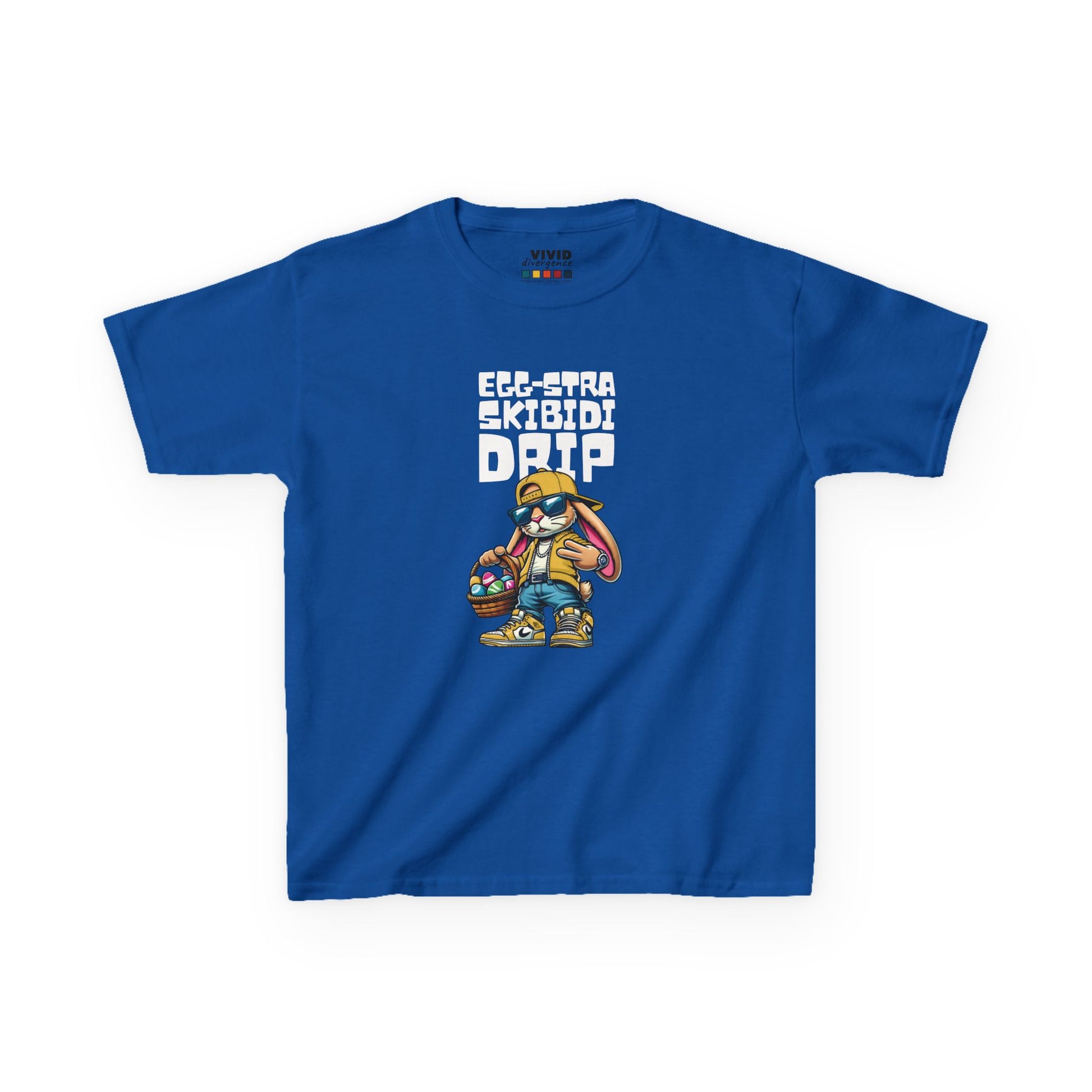Blue kids' T-shirt showcasing a stylish Skibidi bunny with "Egg-Stra Skibidi Drip" text, perfect for a playful Easter look. Hop into the season in style and shop Easter shirts online today!