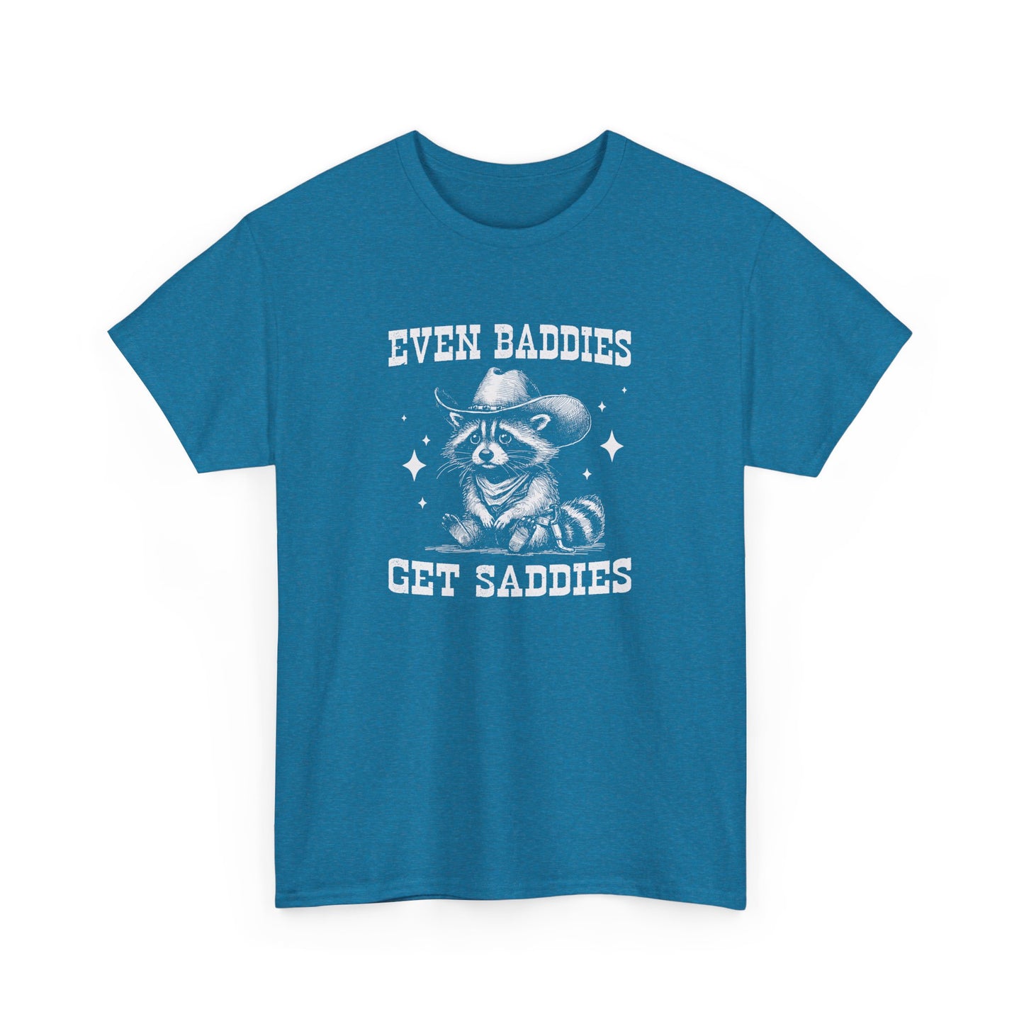 Front view of a blue T-shirt with the text "Even Baddies Get Saddies" and a crying eye graphic. Part of the Vivid Divergence Sensory Friendly Unisex Tees Range.