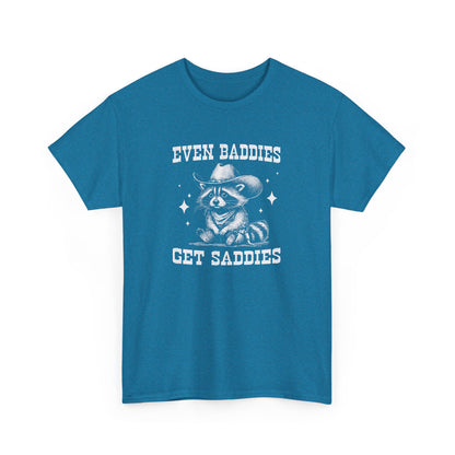 Front view of a blue T-shirt with the text "Even Baddies Get Saddies" and a crying eye graphic. Part of the Vivid Divergence Sensory Friendly Unisex Tees Range.