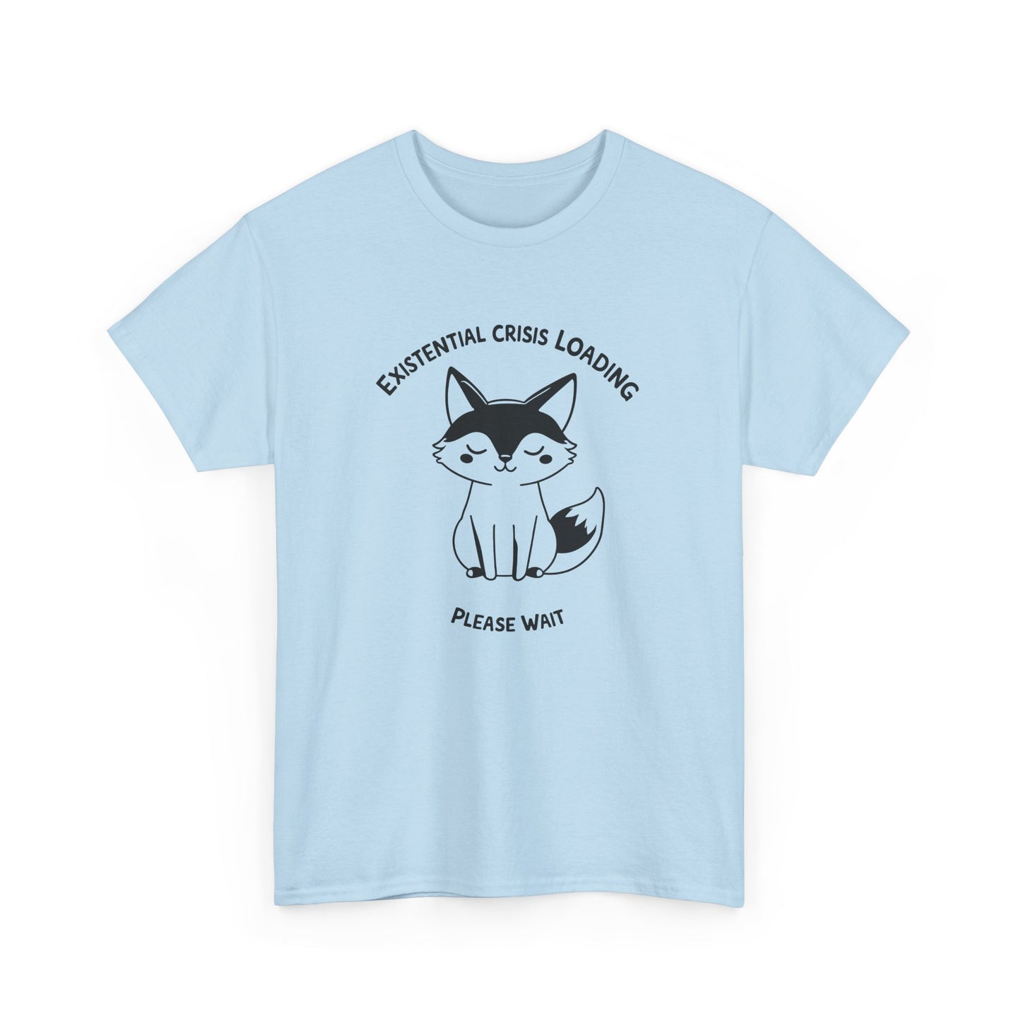 Light blue T-shirt with a black and white fox graphic and "Existential Crisis Loading, Please Wait" text, front view. Part of the Vivid Divergence Sensory Friendly Unisex Tees Range.