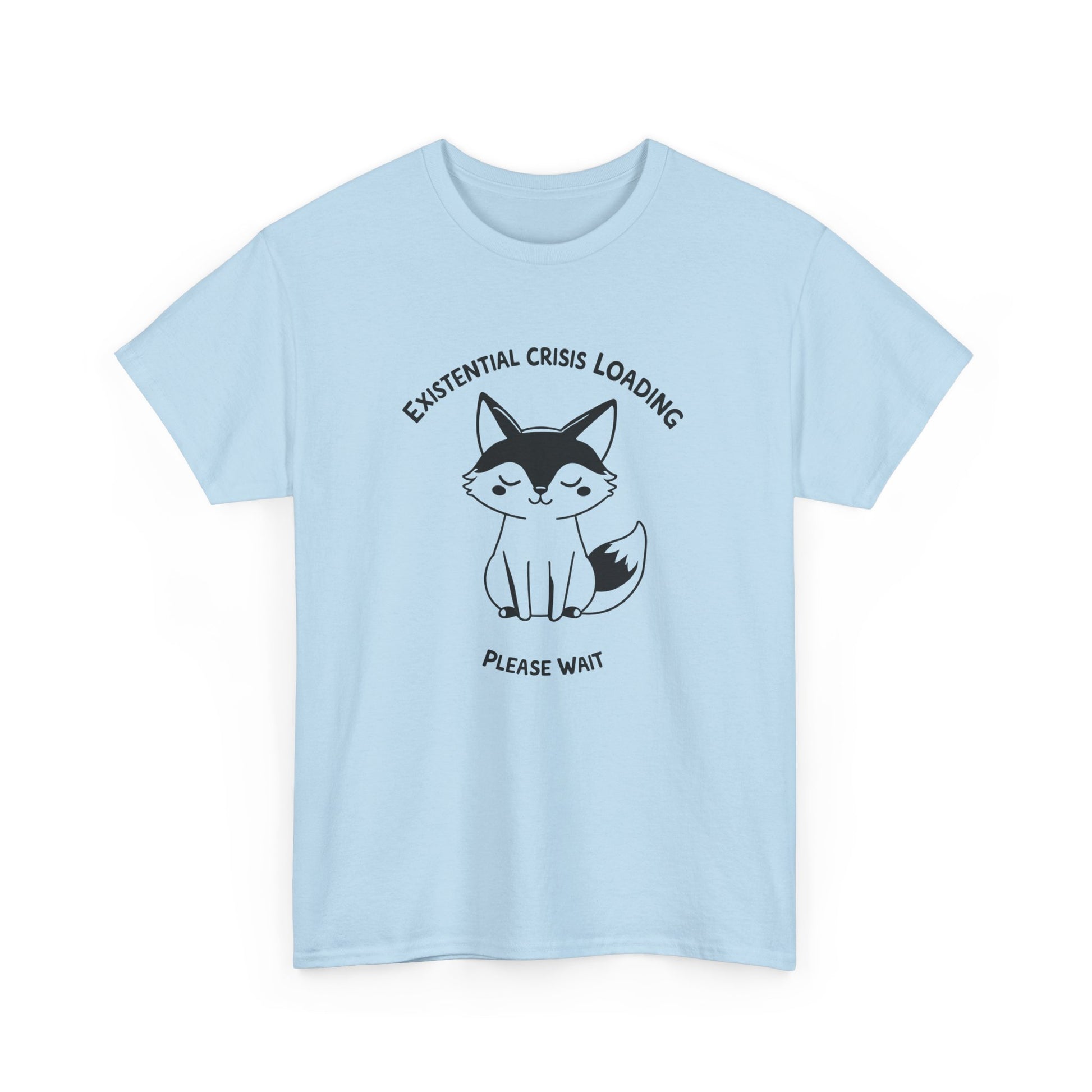 Light blue T-shirt with a black and white fox graphic and "Existential Crisis Loading, Please Wait" text, front view. Part of the Vivid Divergence Sensory Friendly Unisex Tees Range.