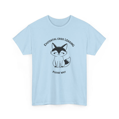 Light blue T-shirt with a black and white fox graphic and "Existential Crisis Loading, Please Wait" text, front view. Part of the Vivid Divergence Sensory Friendly Unisex Tees Range.