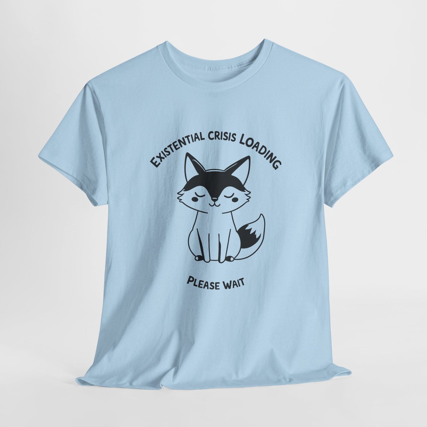 Light blue T-shirt with a black and white fox graphic and "Existential Crisis Loading, Please Wait" text, hanging view. Part of the Vivid Divergence Sensory Friendly Unisex Tees Range.