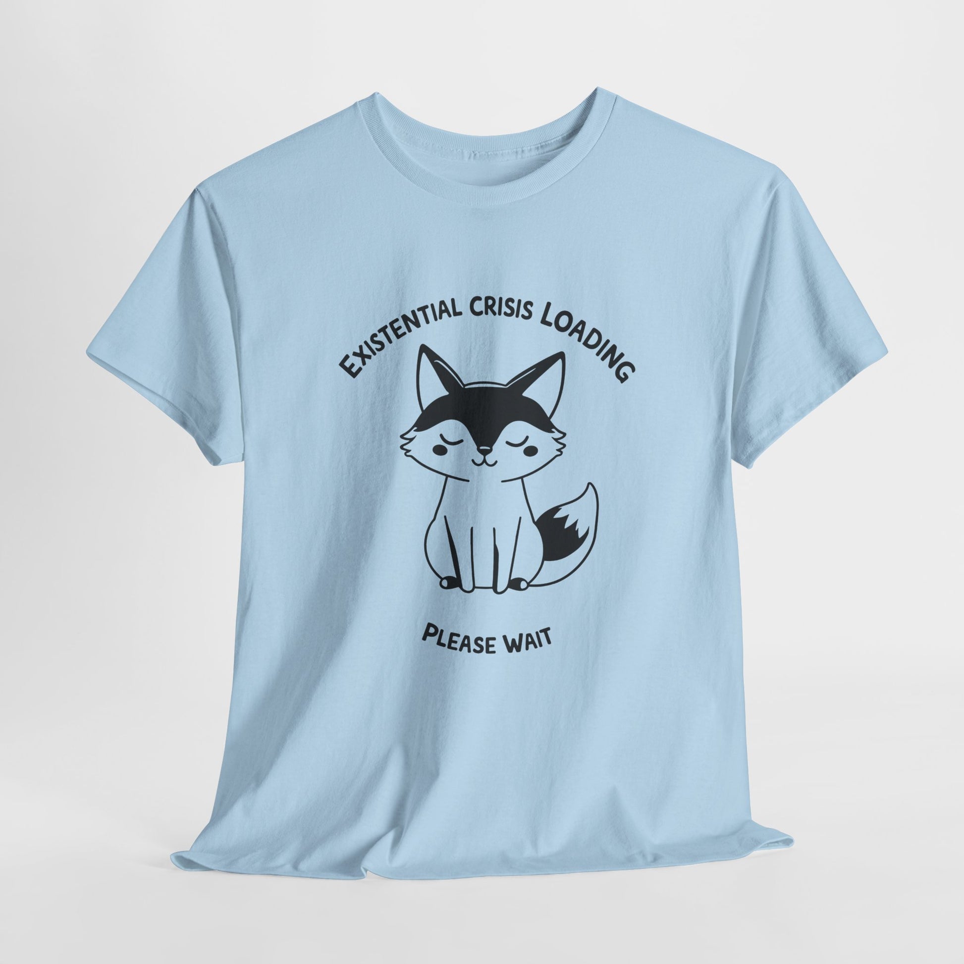Light blue T-shirt with a black and white fox graphic and "Existential Crisis Loading, Please Wait" text, hanging view. Part of the Vivid Divergence Sensory Friendly Unisex Tees Range.