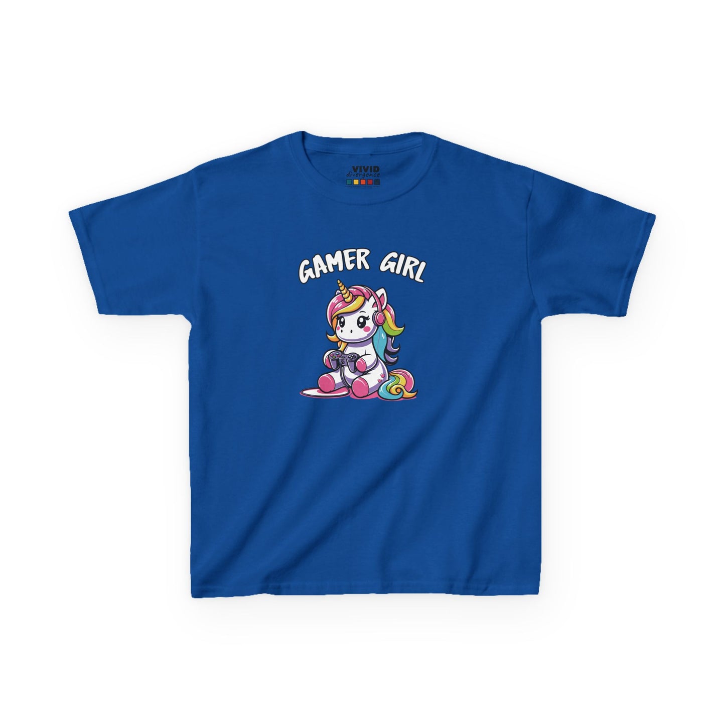 Front view of a navy blue "Gamer Girl" unicorn kids T-shirt featuring a unicorn with gaming gear. Part of the Vivid Divergence Sensory Friendly Kids Shirts Range. The perfect T-shirt for sensory-sensitive kids and comes with a Sensory Satisfaction Promise.