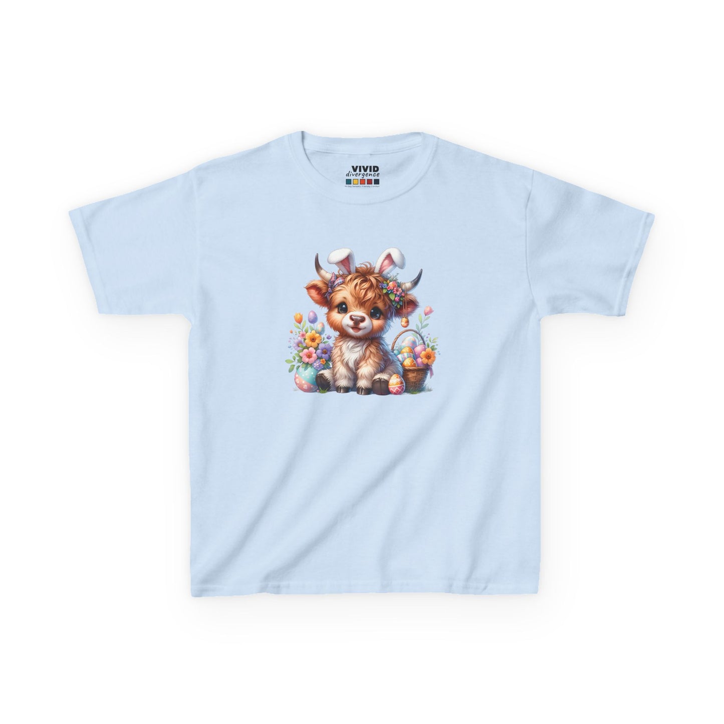 Light blue kids' T-shirt showcasing a sweet Highland cow surrounded by colorful Easter eggs and florals, a charming choice for spring. Hop into the season in style and shop Easter shirts online today!