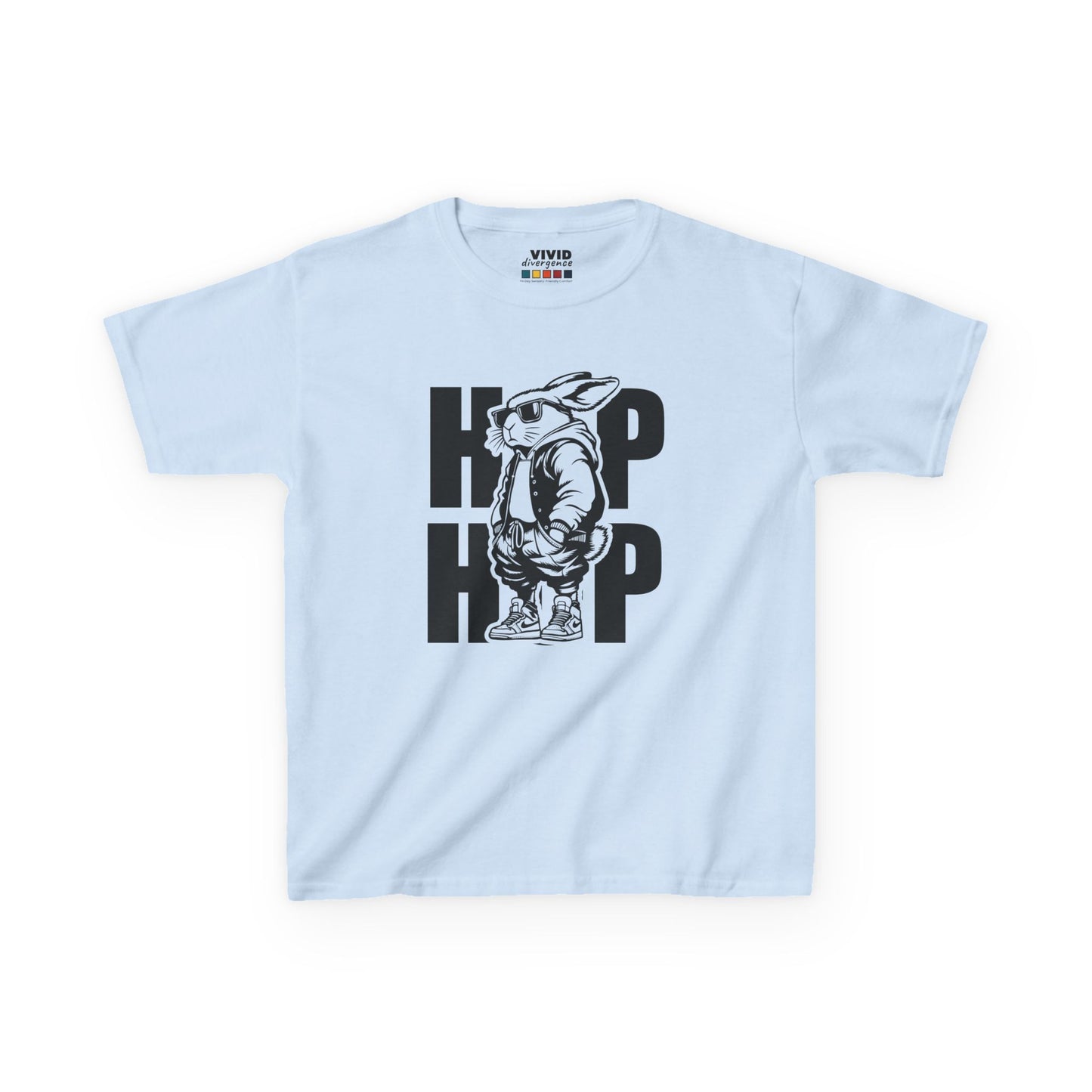 Light blue kids' T-shirt featuring a hip-hop bunny with bold "HOP HOP" text. A trendy Easter tee for boys and girls. Hop into the season in style and shop Easter shirts online today!