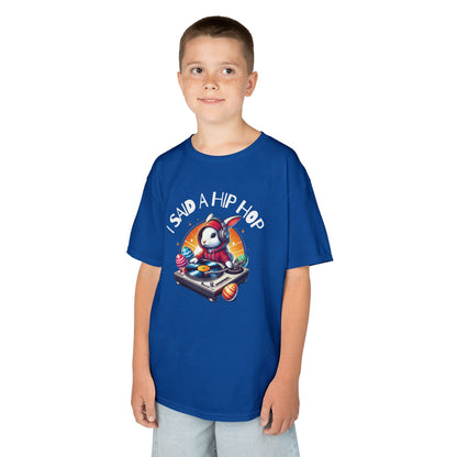 Child wearing a blue Easter T-shirt with a rap-inspired Easter bunny and "I Said A Hip Hop" text, a fresh and fun holiday outfit. Hop into the season in style and shop Easter shirts online today!