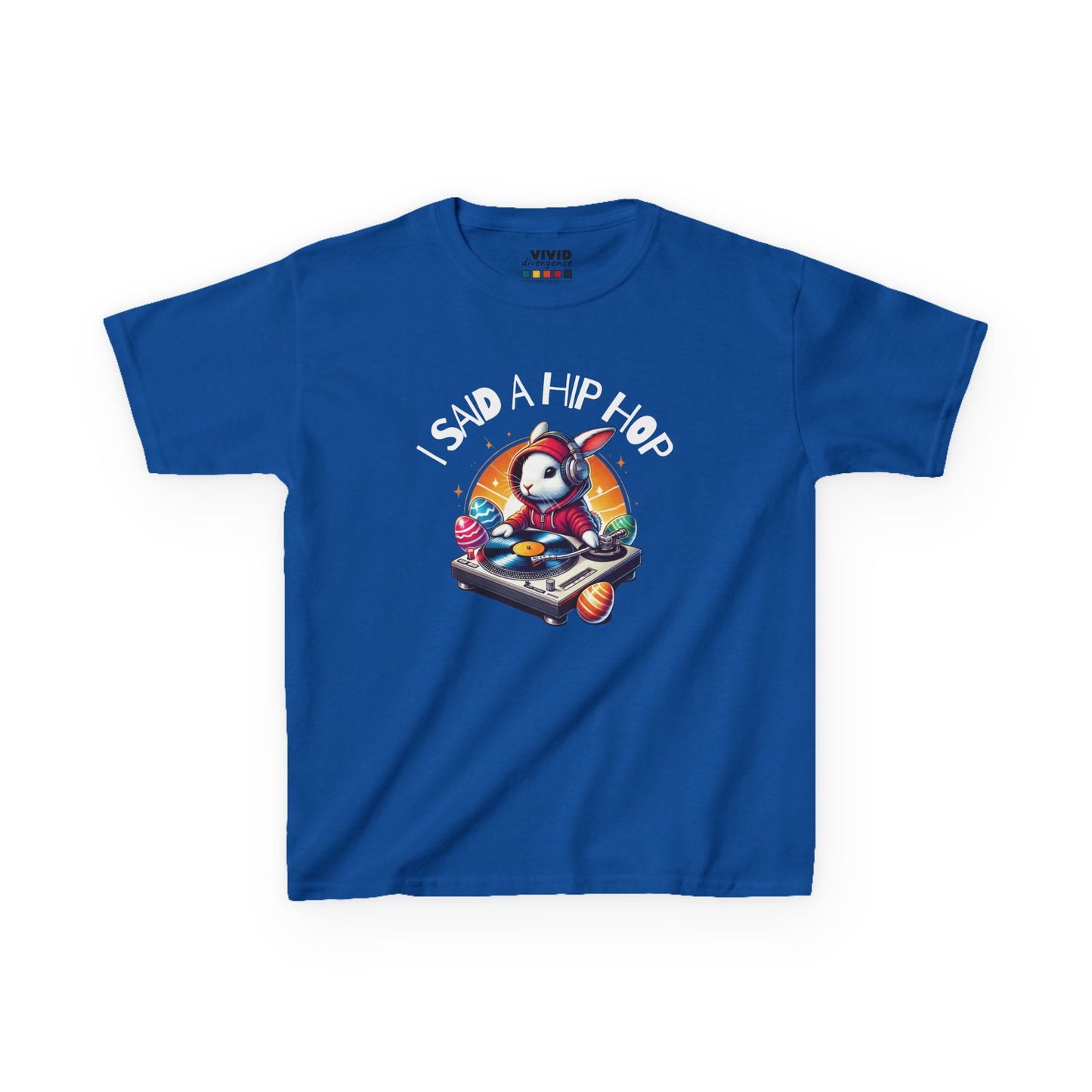 Royal blue kids' T-shirt showcasing a funky Easter bunny rapping with "I Said A Hip Hop" text, bringing ‘70s vibes to Easter. Hop into the season in style and shop Easter shirts online today!