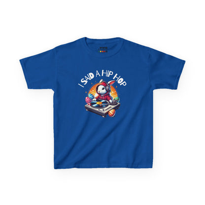 Royal blue kids' T-shirt showcasing a funky Easter bunny rapping with "I Said A Hip Hop" text, bringing ‘70s vibes to Easter. Hop into the season in style and shop Easter shirts online today!