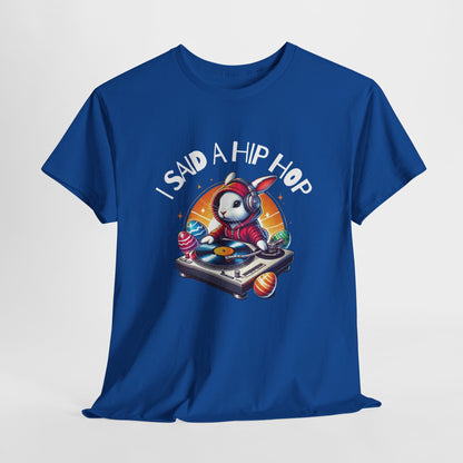 Blue T-shirt hanging, showcasing a cool Easter bunny rapping with "I Said A Hip Hop" text, bringing ‘70s vibes to Easter. Hop into the season in style and shop Easter shirts online today!