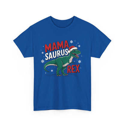 Front view of a blue T-shirt featuring a "Mama-Saurus Rex" design with a festive dinosaur illustration. Part of the Vivid Divergence Sensory Friendly Unisex Tees Range.