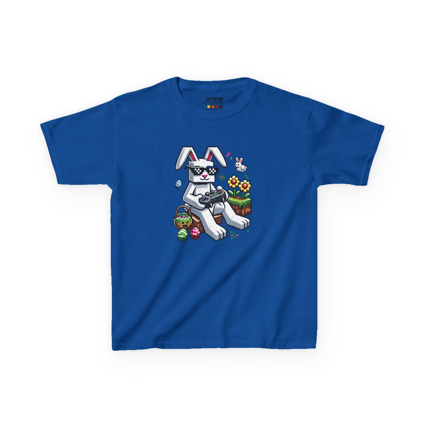 Blue kids' T-shirt featuring a pixel-style Easter bunny with colorful eggs, perfect for Minecraft fans. Hop into the season in style and shop Easter shirts online today!