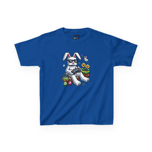 Blue kids' T-shirt featuring a pixel-style Easter bunny with colorful eggs, perfect for Minecraft fans. Hop into the season in style and shop Easter shirts online today!