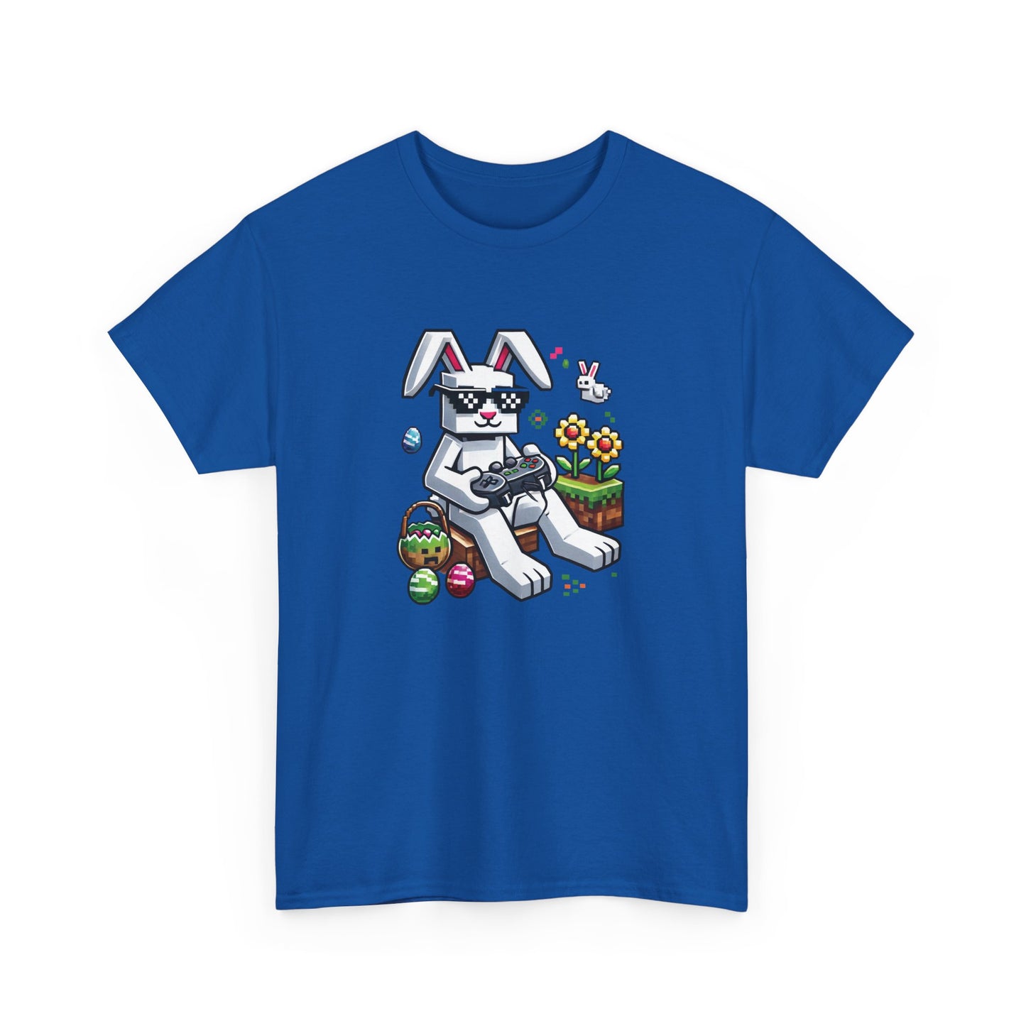 Blue Easter T-shirt featuring a Minecraft-style bunny with pixel eggs, the perfect holiday shirt for gamers. Hop into the season in style and shop Easter shirts online today!