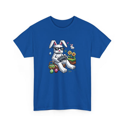 Blue Easter T-shirt featuring a Minecraft-style bunny with pixel eggs, the perfect holiday shirt for gamers. Hop into the season in style and shop Easter shirts online today!