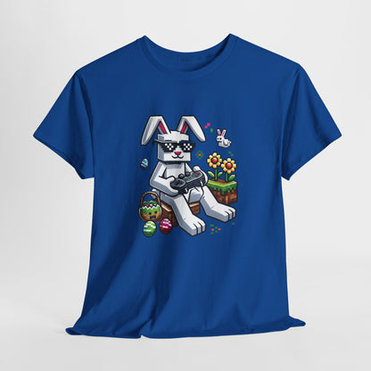 Blue T-shirt hanging, featuring a cool Minecraft-style Easter bunny with pixelated eggs, perfect for gamers. Hop into the season in style and shop Easter shirts online today!
