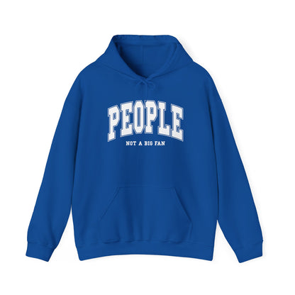 Front view of a blue hoodie featuring the text "People, Not a Big Fan" in bold collegiate-style white lettering. Part of the Vivid Divergence Sensory Friendly Unisex Hoodie Range.