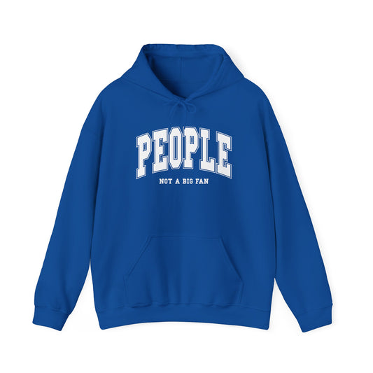 Front view of a blue hoodie featuring the text "People, Not a Big Fan" in bold collegiate-style white lettering. Part of the Vivid Divergence Sensory Friendly Unisex Hoodie Range.