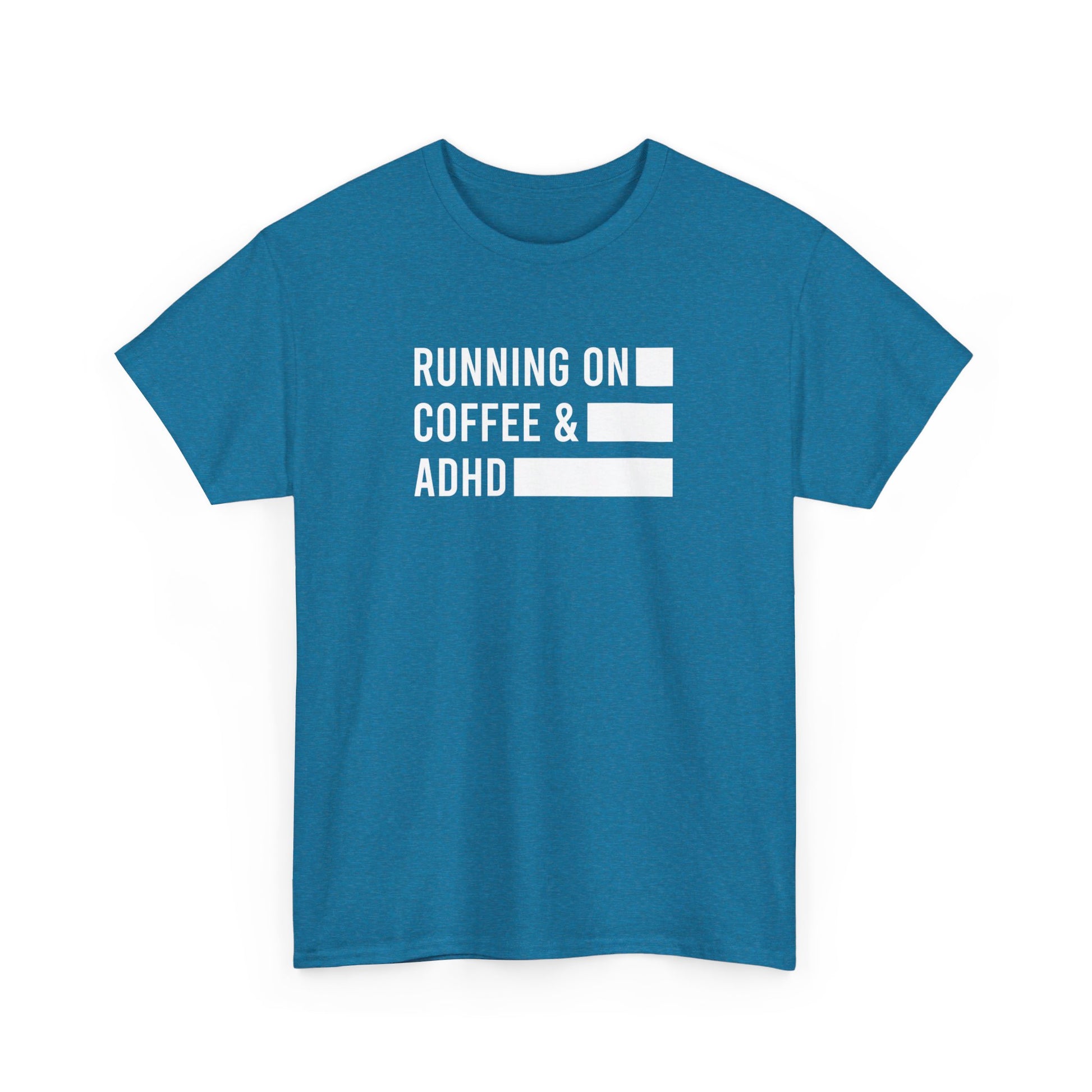 Front view of a blue T-shirt with "Running on Coffee & ADHD" in bold white text. Part of the Vivid Divergence Sensory Friendly Unisex Tees Range.