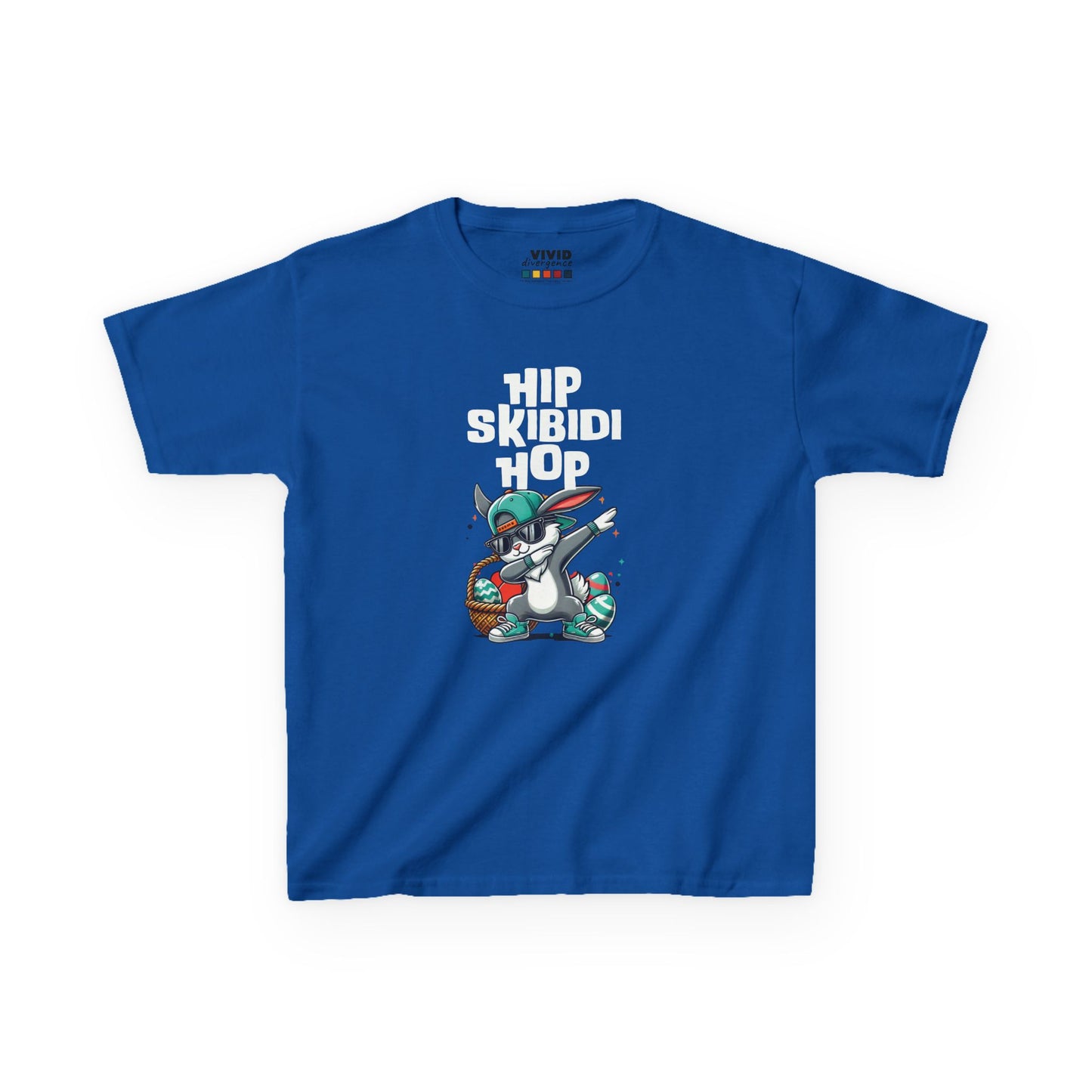 Blue kids' T-shirt showcasing a cool Skibidi Easter bunny dabbing with festive "Hip Skibidi Hop" text, a fun pick for Easter celebrations. Hop into the season in style and shop Easter shirts online today!