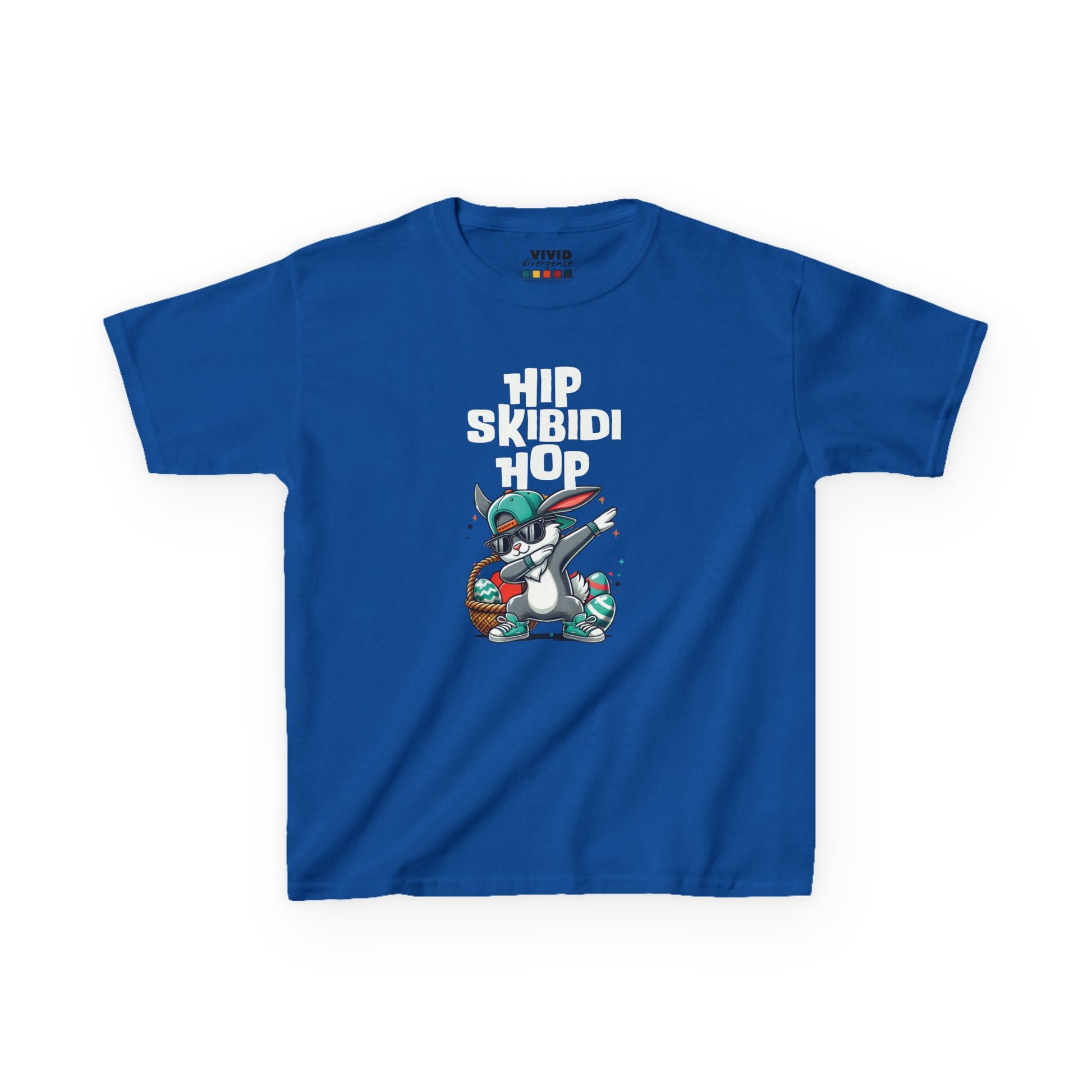 Blue kids' T-shirt showcasing a cool Skibidi Easter bunny dabbing with festive "Hip Skibidi Hop" text, a fun pick for Easter celebrations. Hop into the season in style and shop Easter shirts online today!