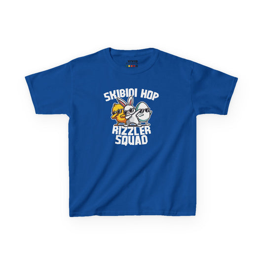 Blue kids' T-shirt featuring "Skibidi Hop Rizzler Squad" text with a fun Easter meme design, perfect for trend-loving kids. Hop into the season in style and shop Easter shirts online today!