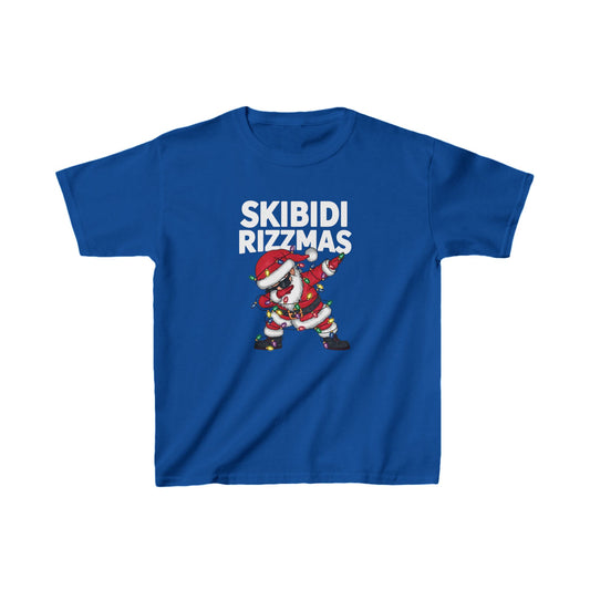 Blue kids' T-shirt featuring a dabbing Santa with "Skibidi Rizzmas" text. Part of the Vivid Divergence Sensory Friendly Unisex Tees Range.