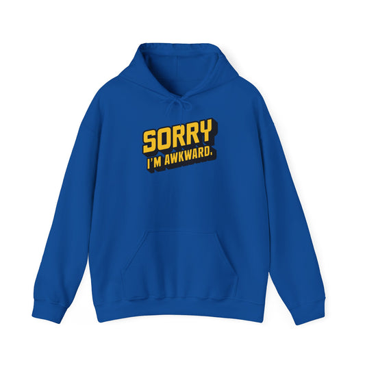 Front view of a blue hoodie featuring the text "Sorry I'm Awkward" in bold yellow and white lettering. Part of the Vivid Divergence Sensory Friendly Unisex Hoodie Range.