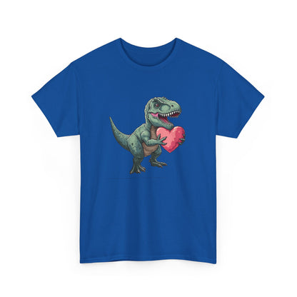Front view of a blue T-shirt with a playful T-Rex holding a pink heart. Part of the Vivid Divergence Sensory Friendly Unisex Tees Range.