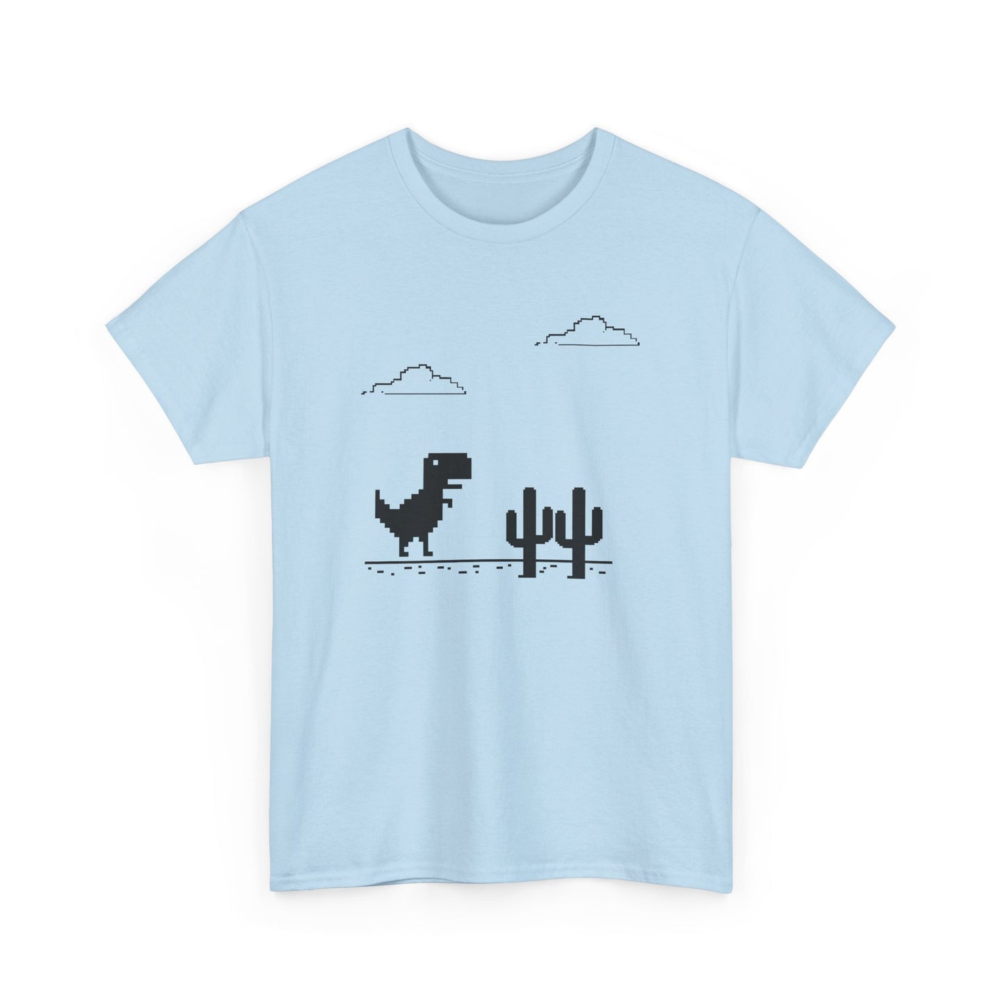 Front view of a light blue T-shirt featuring a minimalist pixel-style T-Rex Runner Dinosaur Game design with a T-Rex, cacti, and clouds. Part of the Vivid Divergence Sensory Friendly Unisex Tees Range.