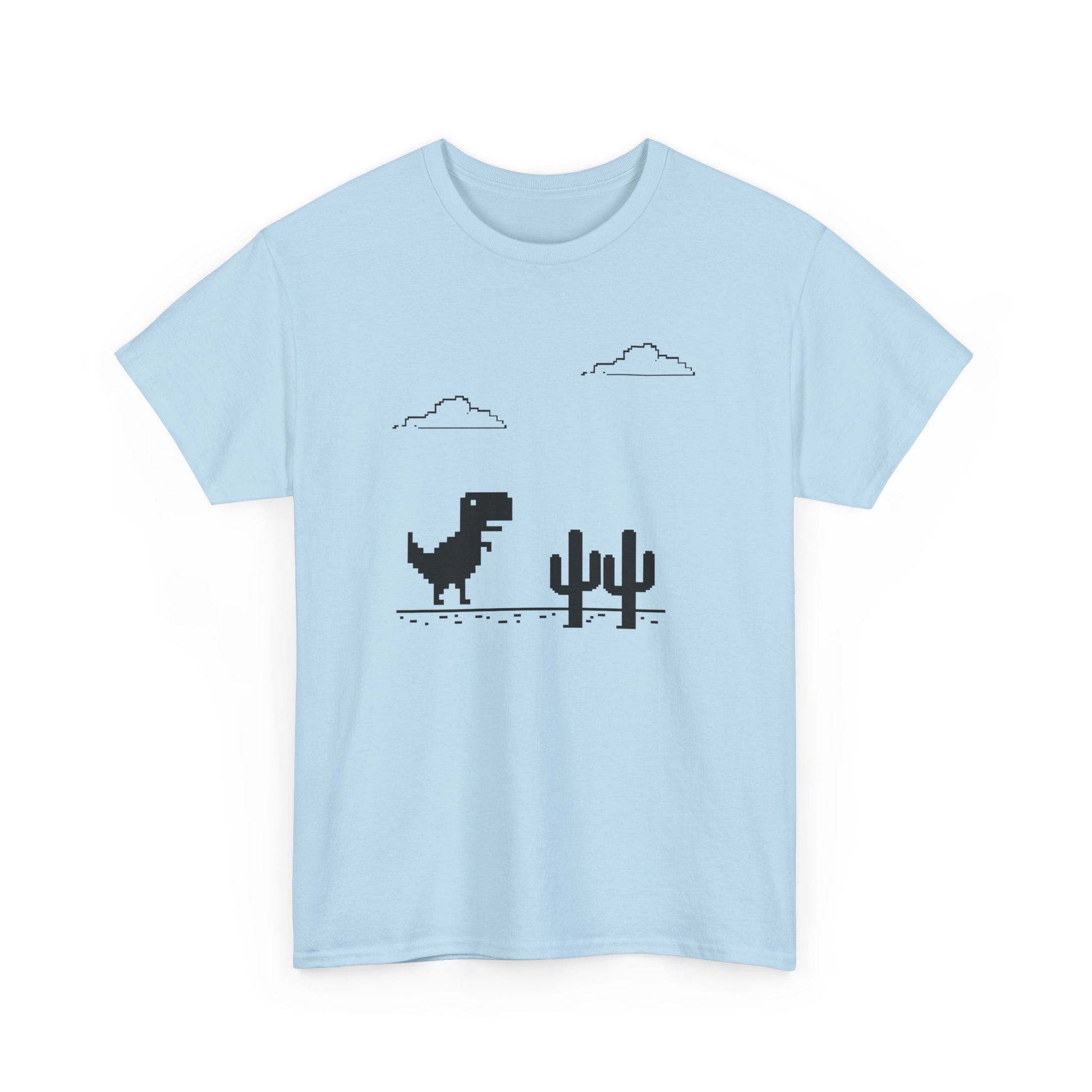 Front view of a light blue T-shirt featuring a minimalist pixel-style T-Rex Runner Dinosaur Game design with a T-Rex, cacti, and clouds. Part of the Vivid Divergence Sensory Friendly Unisex Tees Range.