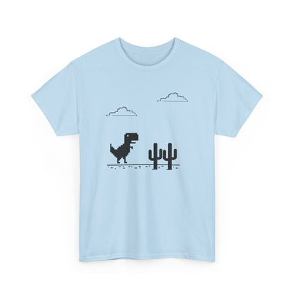 Front view of a light blue T-shirt featuring a minimalist pixel-style T-Rex Runner Dinosaur Game design with a T-Rex, cacti, and clouds. Part of the Vivid Divergence Sensory Friendly Unisex Tees Range.