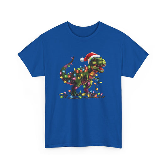 Blue T-shirt featuring a festive T-Rex tangled in Christmas lights, wearing a Santa hat. Part of the Vivid Divergence Sensory Friendly Unisex Tees Range.