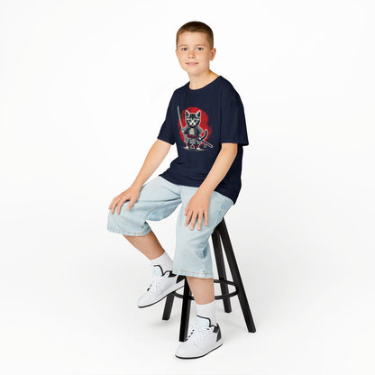 Boy sitting on a stool wearing a navy blue "Samurai Cat Warrior" kids T-shirt with a fierce cartoon cat dressed in samurai armor with a sword. Part of the Vivid Divergence Sensory Friendly Kids Shirts Range. The perfect T-shirt for sensory-sensitive kids and comes with a Sensory Satisfaction Promise.