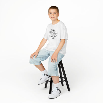 Boy sitting on a stool wearing a white "Love-You-Saurus" kids T-shirt with a cartoon dinosaur holding a heart. Part of the Vivid Divergence Sensory Friendly Kids Shirts Range. The perfect T-shirt for sensory-sensitive kids and comes with a Sensory Satisfaction Promise.
