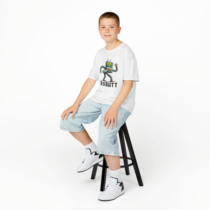 Boy sitting on a stool wearing a white "Robutt" robot shuffle kids T-shirt with a playful cartoon robot dancing. Part of the Vivid Divergence Sensory Friendly Kids Shirts Range. The perfect T-shirt for sensory-sensitive kids and comes with a Sensory Satisfaction Promise.