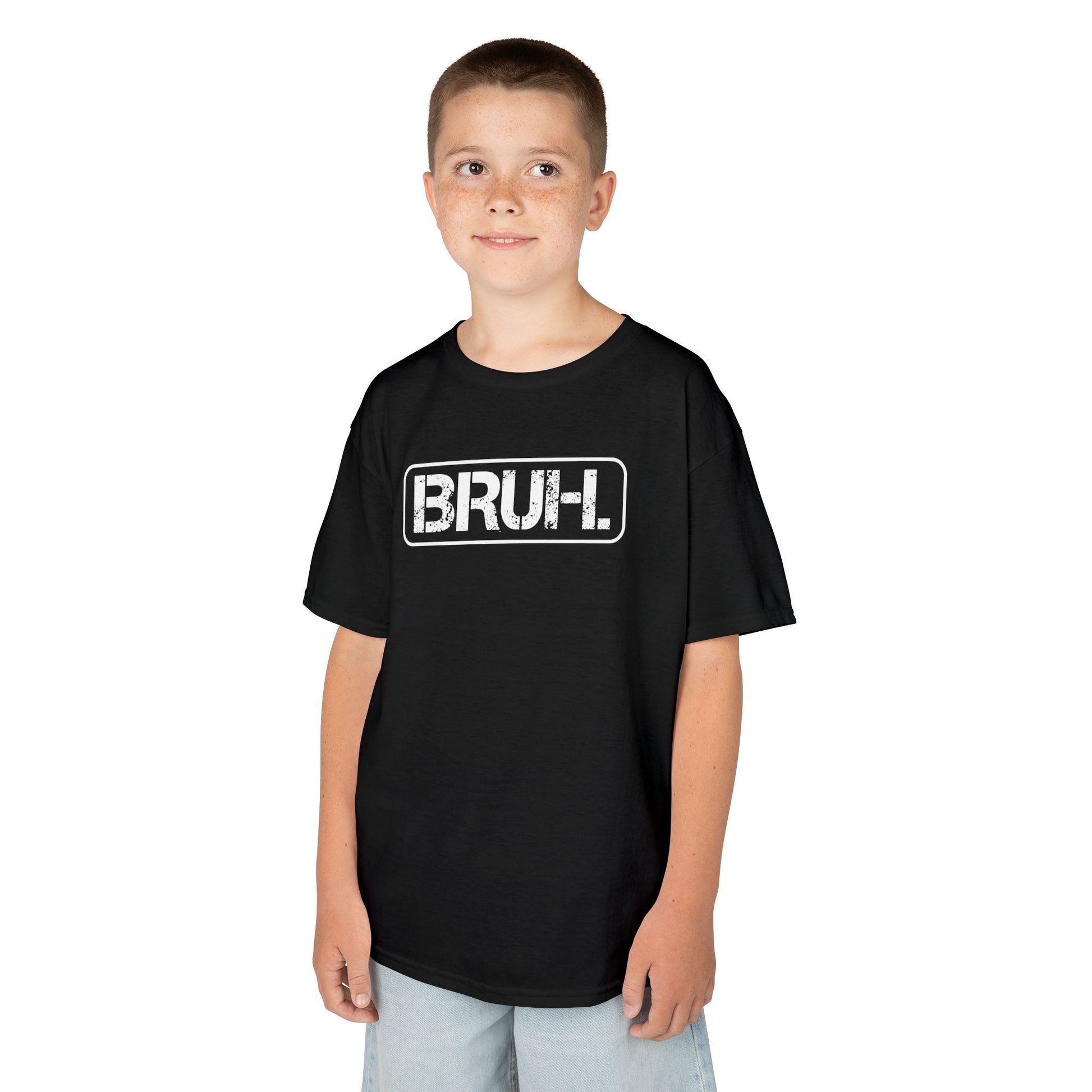 Boy wearing a black "Bruh" meme kids T-shirt with bold white text in a rectangular box. Part of the Vivid Divergence Sensory Friendly Kids Shirts Range. The perfect T-shirt for sensory-sensitive kids and comes with a Sensory Satisfaction Promise.