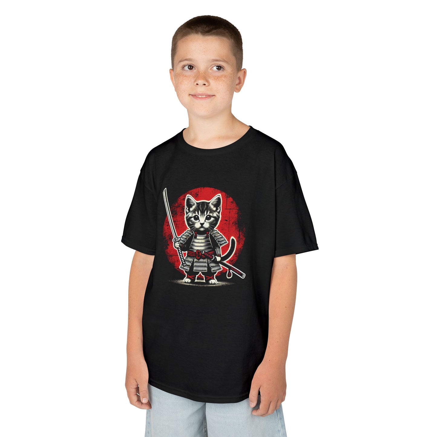 Boy wearing a black "Samurai Cat Warrior" kids T-shirt with a fierce cartoon cat dressed in samurai armor with a sword. Part of the Vivid Divergence Sensory Friendly Kids Shirts Range. The perfect T-shirt for sensory-sensitive kids and comes with a Sensory Satisfaction Promise.