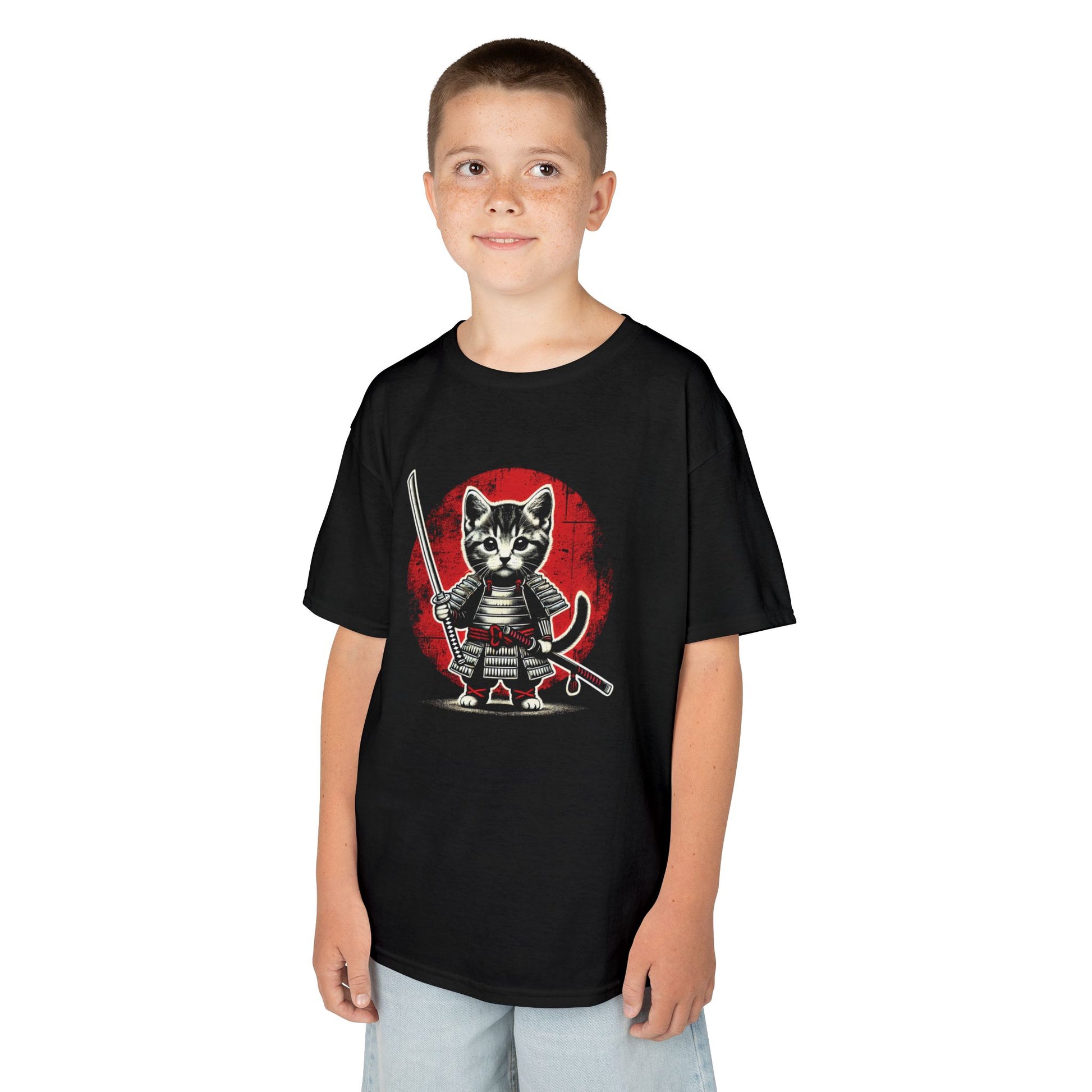 Boy wearing a black "Samurai Cat Warrior" kids T-shirt with a fierce cartoon cat dressed in samurai armor with a sword. Part of the Vivid Divergence Sensory Friendly Kids Shirts Range. The perfect T-shirt for sensory-sensitive kids and comes with a Sensory Satisfaction Promise.