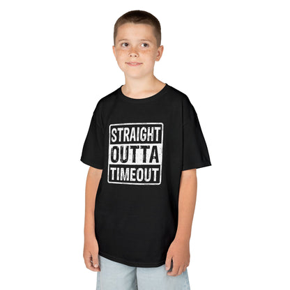 Boy wearing a black "Straight Outta Timeout" kids T-shirt with bold white text in a rectangular box. Part of the Vivid Divergence Sensory Friendly Kids Shirts Range. The perfect T-shirt for sensory-sensitive kids and comes with a Sensory Satisfaction Promise.