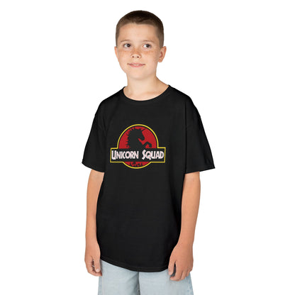 Boy wearing a black "Unicorn Squad" Jurassic Park parody kids T-shirt, front view. Part of the Vivid Divergence Sensory Friendly Kids Shirts Range. The perfect T-shirt for sensory-sensitive kids and comes with a Sensory Satisfaction Promise.