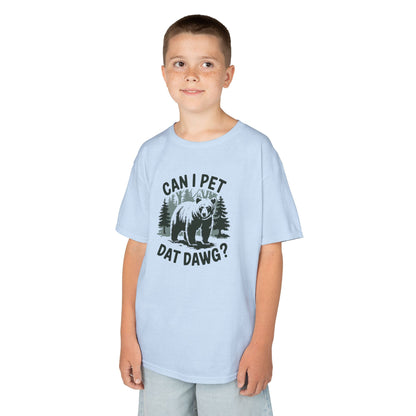 Boy wearing a light blue "Can I Pet Dat Dawg" meme kids T-shirt with a playful dog graphic. Part of the Vivid Divergence Sensory Friendly Kids Shirts Range. The perfect T-shirt for sensory-sensitive kids and comes with a Sensory Satisfaction Promise.