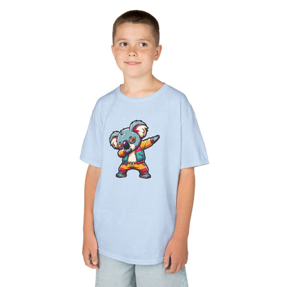 Boy wearing a light blue "Dabbing Koala" kids T-shirt with a cartoon koala in a dabbing pose. Part of the Vivid Divergence Sensory Friendly Kids Shirts Range. The perfect T-shirt for sensory-sensitive kids and comes with a Sensory Satisfaction Promise.