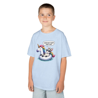 Boy wearing a light blue "Whatever Floats Your Goat" kids T-shirt with a cartoon goat floating on a unicorn pool float. Part of the Vivid Divergence Sensory Friendly Kids Shirts Range. The perfect T-shirt for sensory-sensitive kids and comes with a Sensory Satisfaction Promise.