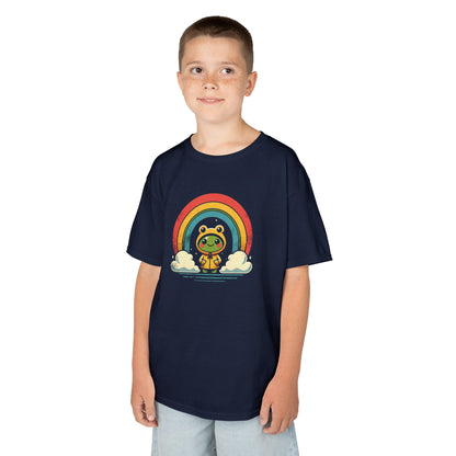 Boy wearing a navy blue "Frog Under Rainbow" kids T-shirt with a cute frog sitting under a colorful rainbow. Part of the Vivid Divergence Sensory Friendly Kids Shirts Range. The perfect T-shirt for sensory-sensitive kids and comes with a Sensory Satisfaction Promise.