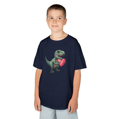 Boy wearing a navy blue T-Rex Love kids T-shirt with a cartoon dinosaur holding a heart. Part of the Vivid Divergence Sensory Friendly Kids Shirts Range. The perfect T-shirt for sensory-sensitive kids and comes with a Sensory Satisfaction Promise.