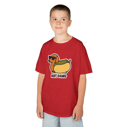 Boy wearing a red "Hot Dawg" kids T-shirt with a cartoon dachshund in a hot dog bun. Part of the Vivid Divergence Sensory Friendly Kids Shirts Range. The perfect T-shirt for sensory-sensitive kids and comes with a Sensory Satisfaction Promise.