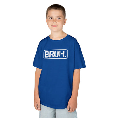 Boy wearing a royal blue "Bruh" meme kids T-shirt with bold white text in a rectangular box. Part of the Vivid Divergence Sensory Friendly Kids Shirts Range. The perfect T-shirt for sensory-sensitive kids and comes with a Sensory Satisfaction Promise.